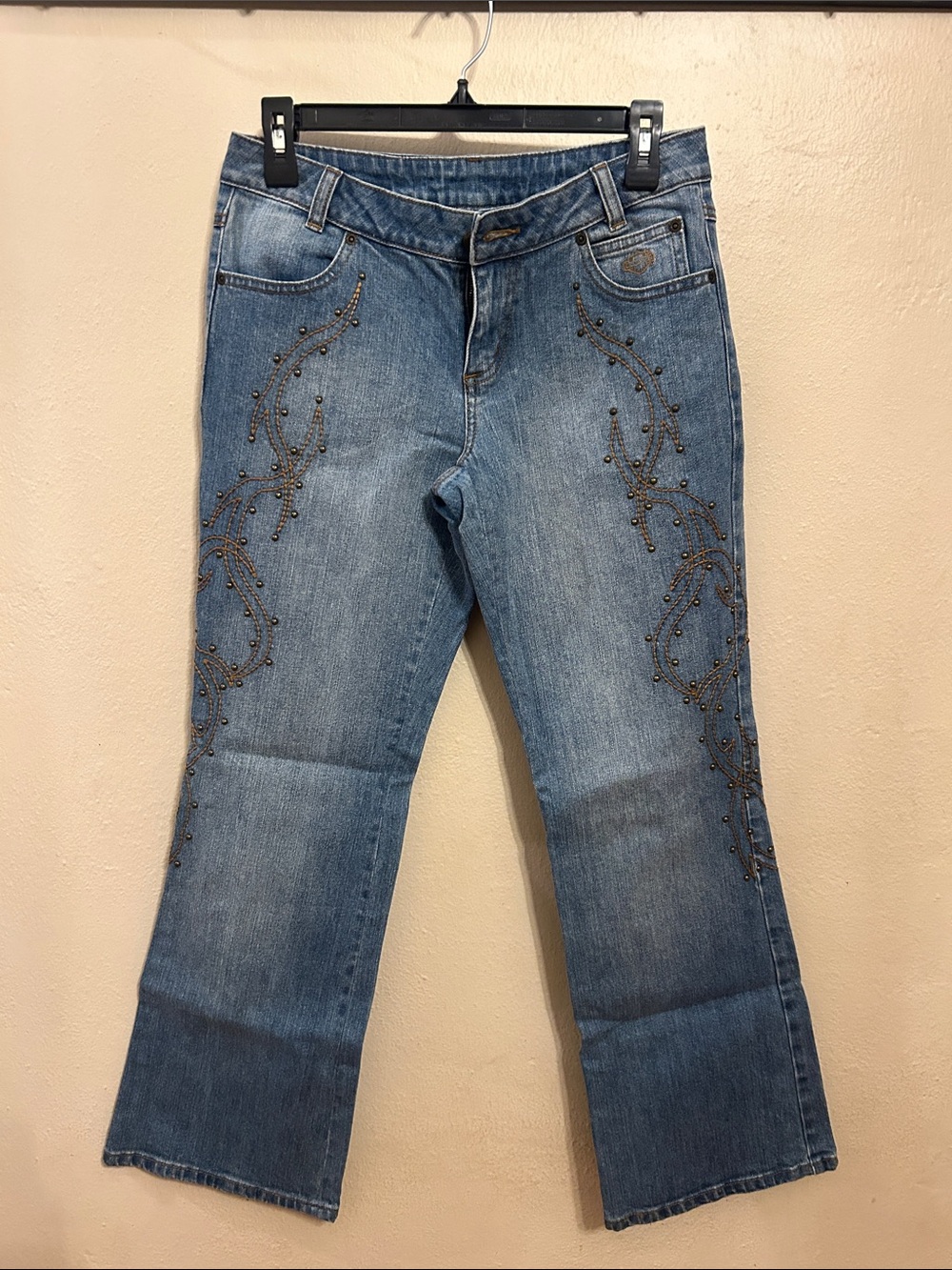 Women’s- Harley-Davidson Blue Flare Jeans with Gold Studded Swirl Detail